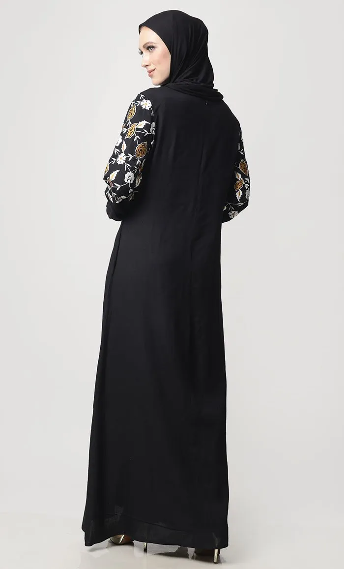 Fall Flower Embroidered Abaya With Pockets