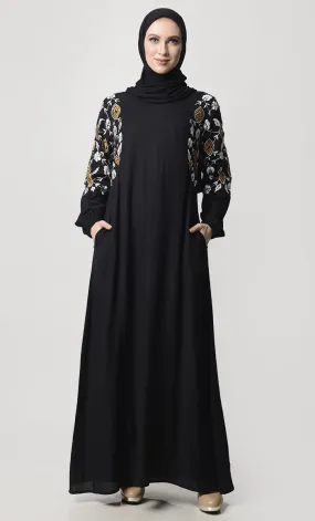 Fall Flower Embroidered Abaya With Pockets