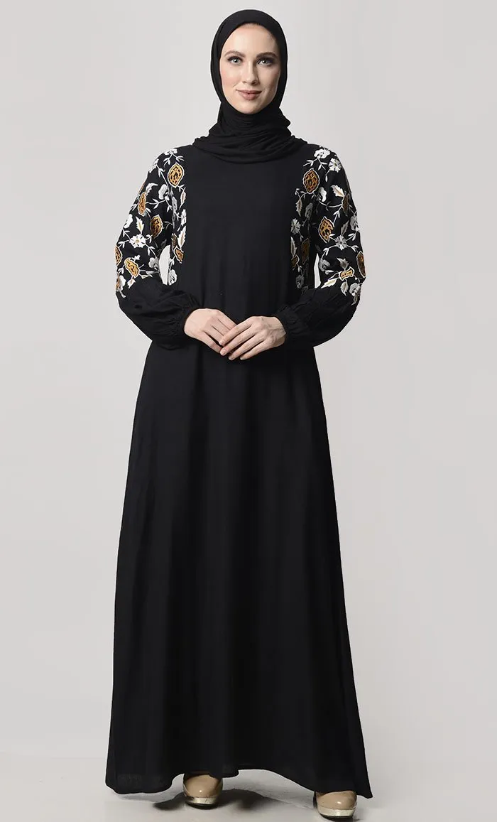 Fall Flower Embroidered Abaya With Pockets