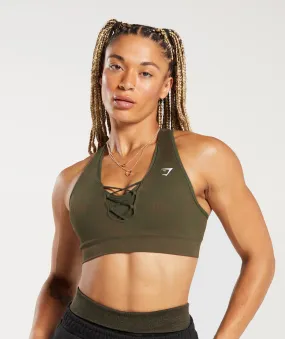 Gymshark Adapt Camo Seamless Ribbed Sports Bra - Winter Olive/Soul Brown