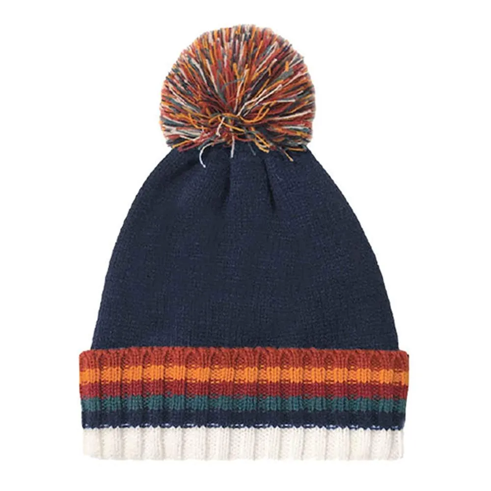 Rampage Women’s Multicolor Striped Slouchy Cuffed Knit Beanie Cap With Pom Pom - Fall Winter Accessories