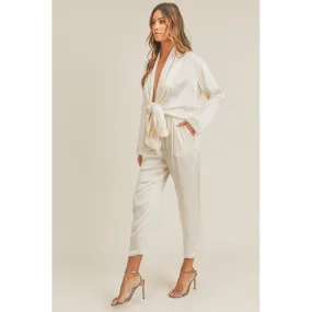 Satin Tie Front Jumpsuit- Ivory